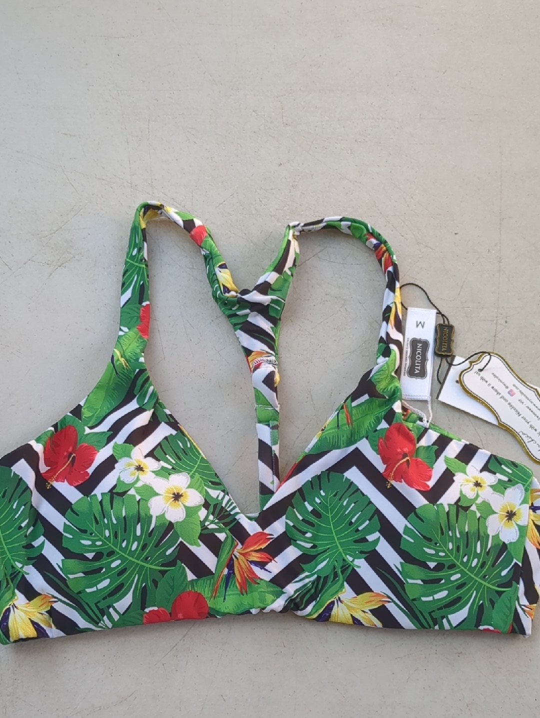 Nicolita Green Red Black White Tropical Leaf Bikini Top